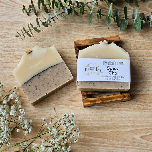 Handmade natural soap bar with chai tea and essential oils, coconut oil, shea butter. Goodland.